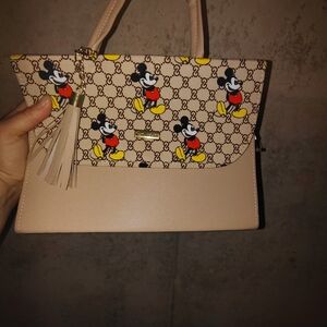 Mickey Mouse Patterned Beige Handbag